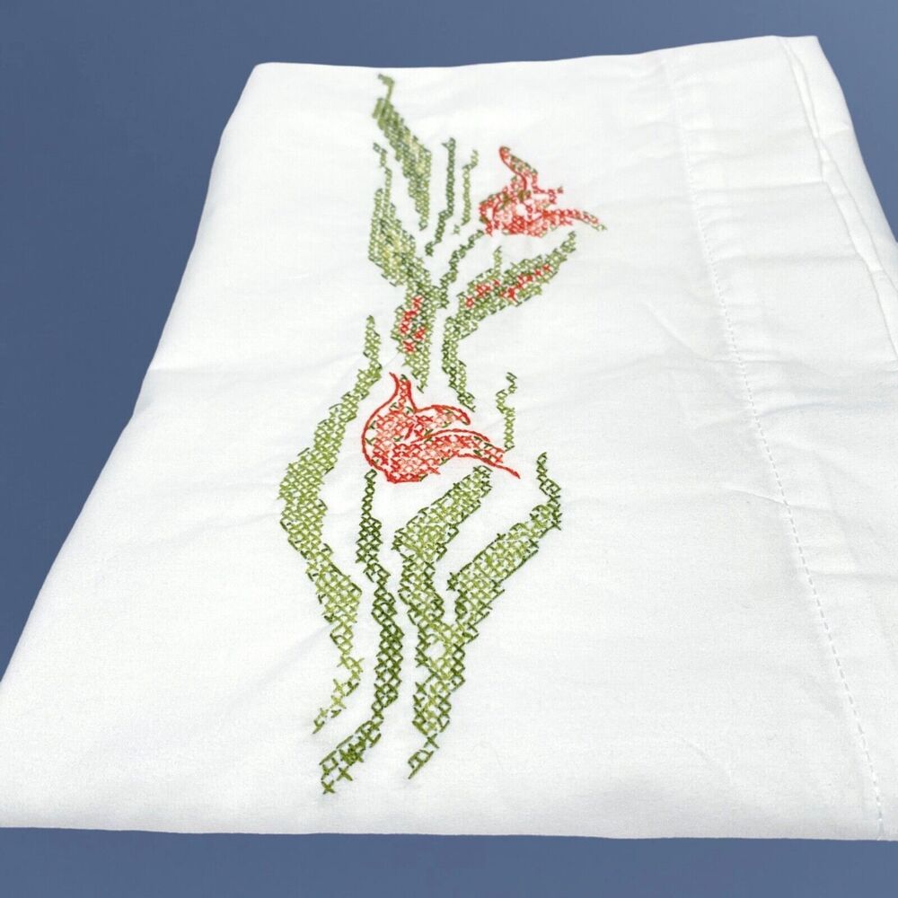 Vtg Bucilla Cross Stitch Pillow Case Flowers Embroidered Floral Pillowcase Cover